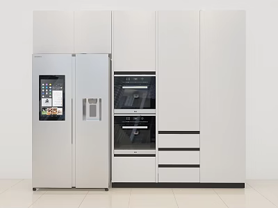 Modern Kitchen Interior With White Cabinets Refrigerator Ovens And Drawers 3d model