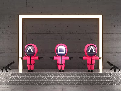 Pink Jumpsuit Dolls With White Triangles Standing On Steps By Gray Wall And Illuminated Frame 3d model
