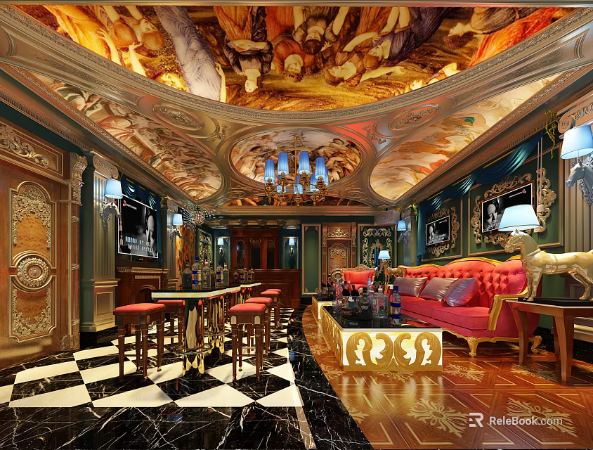 Luxurious KTV Lounge With Ceiling Murals Chandeliers Red Sofas And Checkered Floor 3d model 