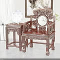 Traditional Chinese Carved Wooden Leisure Chair With Matching Side Table And Blue And White Plate