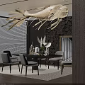 Modern Oval Wooden Dining Table Set With Gray Upholstered Chairs Decorative Items And Chandelier