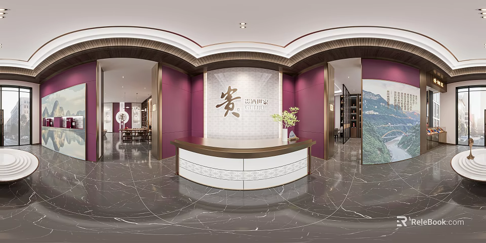 Elegant Front Desk Reception Interior With Purple Walls Curved Design Decorative Plant And Marble Floor 3d model 
