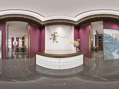 Elegant Front Desk Reception Interior With Purple Walls Curved Design Decorative Plant And Marble Floor 3d model