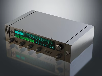 Modern Silver Audio Amplifier With Green Display Panel And Control Knobs 3d model