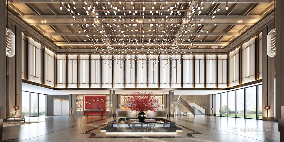 Luxurious Hotel Lobby Interior Featuring Chandeliers Red Flowering Tree And Marble Floor 3d model