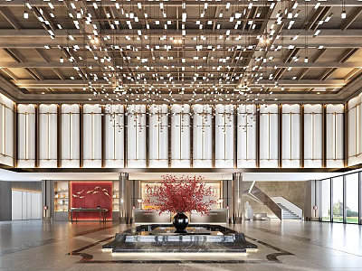 Luxurious Hotel Lobby Interior Featuring Chandeliers Red Flowering Tree And Marble Floor 3d model