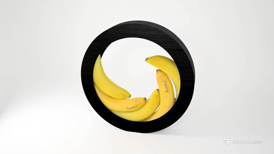 Fresh Yellow Bananas Placed Inside Black Round Container On White Surface 3d model 
