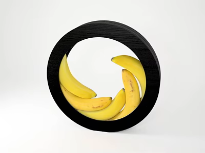 Fresh Yellow Bananas Placed Inside Black Round Container On White Surface 3d model
