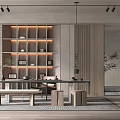 Modern Minimalist Tea Room Interior With Wooden Shelves Table Stools And Tea Sets