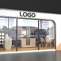 Modern White Exhibition Booth with Curved Design Large Glass Windows Display Shelves and Mountain Pattern