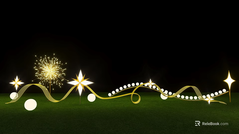 Illuminated Art Installation Featuring Golden Curves Star Firework Decor White Spherical Lights On Green Grass 3d model 