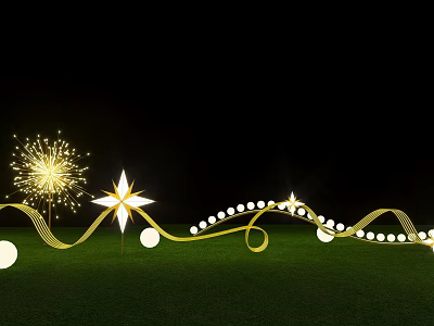 Illuminated Art Installation Featuring Golden Curves Star Firework Decor White Spherical Lights On Green Grass 3d model
