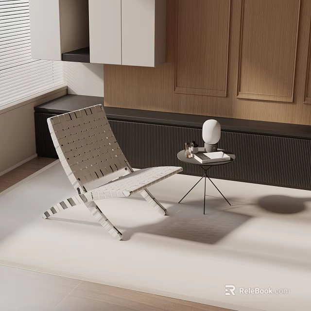 Light Colored Woven Leisure Chair With Small Side Table In Modern Interior Space 3d model 