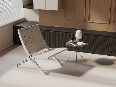Light Colored Woven Leisure Chair With Small Side Table In Modern Interior Space 3d model