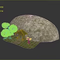 Natural Garden Scene With Large Rock Pink Cherry Blossom Tree Small Pavilion And Green Grass