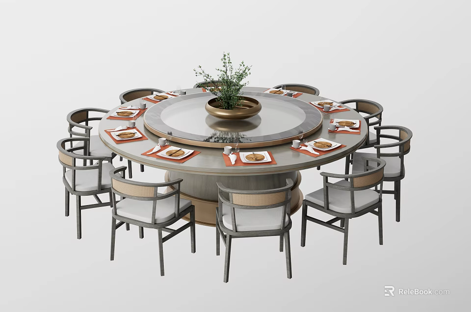 Modern Round Dining Table Set With Central Turntable Plant Placemats And Chairs 3d model