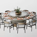Modern Round Dining Table Set With Central Turntable Plant Placemats And Chairs 3d model
