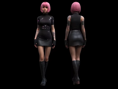 Game Movie Character With Pink Hair Black Dress Tattoos And Black Boots Front Back Views 3d model