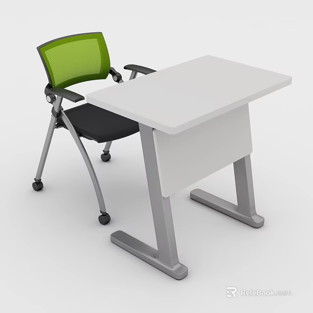 Modern White Desk And Green Mesh Chair Set With Silver Legs Black Seat And Wheels 3d model 