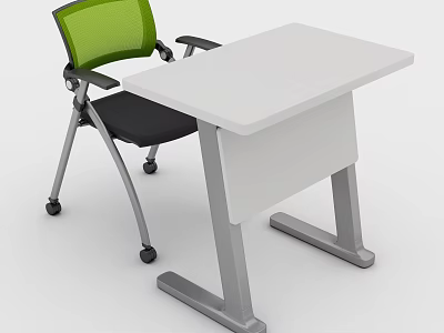 Modern White Desk And Green Mesh Chair Set With Silver Legs Black Seat And Wheels 3d model