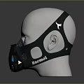 Black Mesh Design Face Mask on White Mannequin Head with Brand Logo and Blue Accents