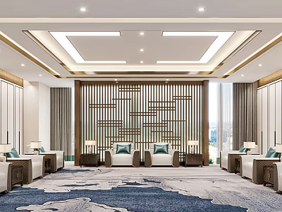 Modern Luxury Hotel Public Lounge Featuring Chinese Screen Sofas Carpet And Floor To Ceiling Windows 3d model