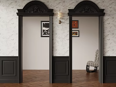 Black Arched Door Frames With Decorative Paintings Wooden Floor And Chair Interior 3d model