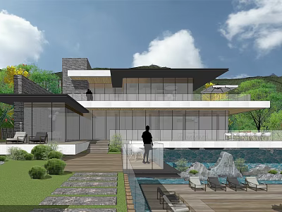 Modern Detached Villa with Large Glass Windows Swimming Pool and Outdoor Lawn Area 3d model