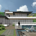 Modern Detached Villa with Large Glass Windows Swimming Pool and Outdoor Lawn Area