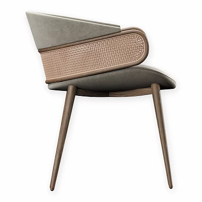 Modern Comfortable Leisure Chair With Gray Fabric And Woven Rattan Back And Wooden Legs 3d model