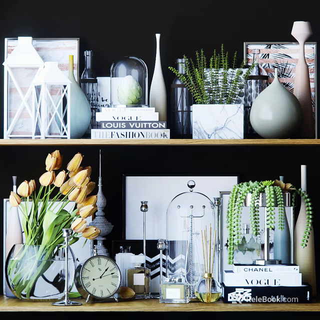 Stylish Decorative Ornament Set With Vases Books Green Plants Clock And Picture Frames 3d model 
