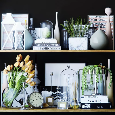 Stylish Decorative Ornament Set With Vases Books Green Plants Clock And Picture Frames 3d model