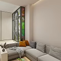 Arched Glass Window In Modern Interior With Garden View And Sofa