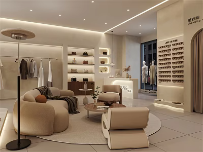 Modern Warm Cream Tone Clothing Store Interior With Cozy Customer Lounge And Exquisite Displays 3d model
