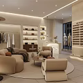 Modern Warm Cream Tone Clothing Store Interior With Cozy Customer Lounge And Exquisite Displays