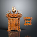 Intricately Carved Wooden Door With Owl Statue And Decorative Blue Glass Panel