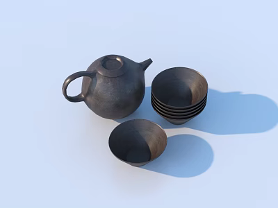 Matte Black Ceramic Teapot And Stacked Bowls As Daily Household Essentials 3d model