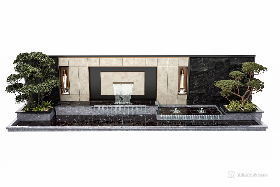Modern Stone Feature Wall with Central Water Fountain and Surrounding Small Trees 3d model