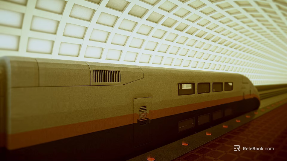 Modern Subway Station with Sleek Train and Grid Pattern Ceiling Lights 3d model 