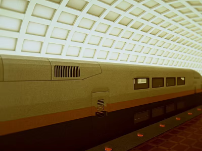 Modern Subway Station with Sleek Train and Grid Pattern Ceiling Lights 3d model