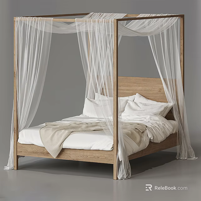 Modern Minimalist Double Bed With Wooden Frame White Canopy And White Bedding 3d model 