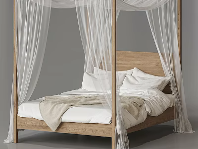 Modern Minimalist Double Bed With Wooden Frame White Canopy And White Bedding 3d model