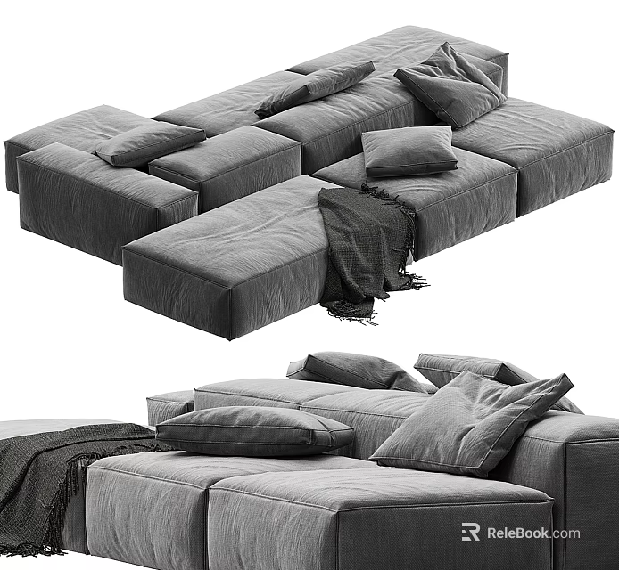 Modern Modular Sectional Sofa With Gray Fabric Multiple Pillows And Throw Blanket 3d model