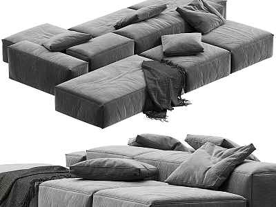 Modern Modular Sectional Sofa With Gray Fabric Multiple Pillows And Throw Blanket 3d model