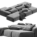 Modern Modular Sectional Sofa With Gray Fabric Multiple Pillows And Throw Blanket 3d model