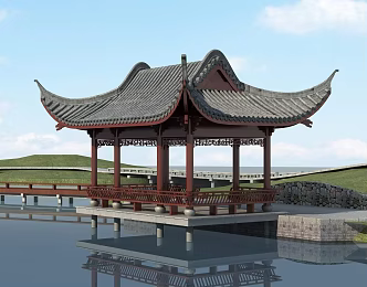 Chinese style waterside pavilion 3d model