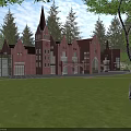 Exquisite European style Architecture with Red Brick Structure Green Lawn and Tall Trees Surroundings