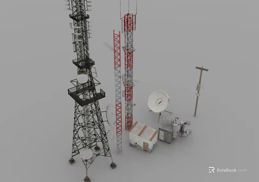 Industrial Equipment Including Communication Towers Satellite Dishes And Utility Poles 3d model 