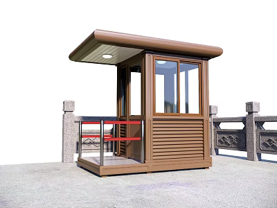 Brown Security Booth With Glass Windows Stone Railings Red Handrail And Paved Ground 3d model