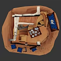 Vibrant Cartoon Scene With White Building Staircase Blue Tables Chairs And Decorative Art